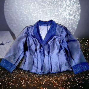 Iridescent sheer blue floral beading accent dress dinner jacket